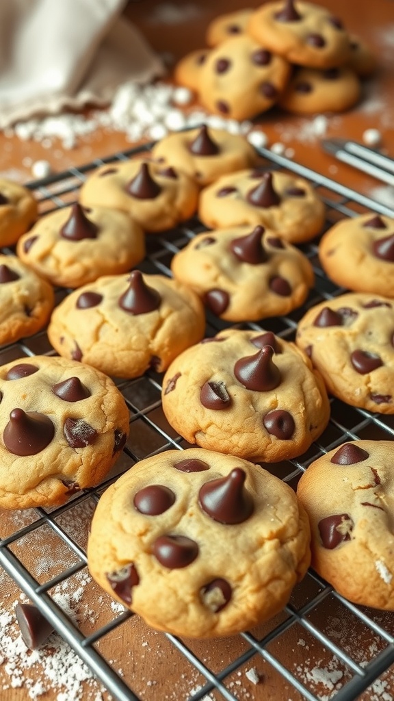 Warm chocolate chip cookies on a cooling rack in a rustic kitchen.